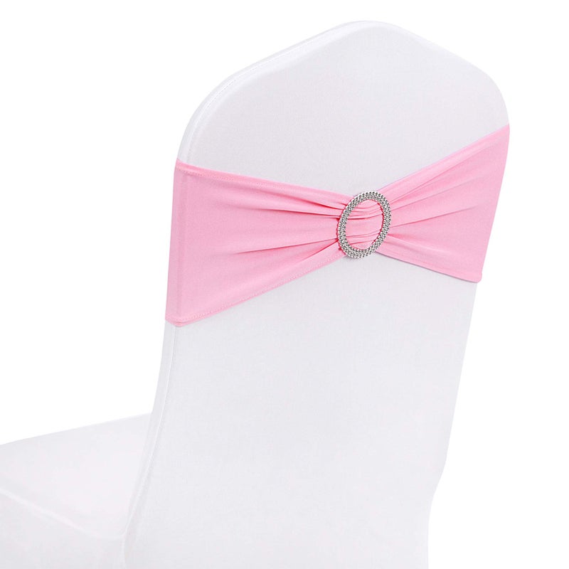 Peomeise 100pcs Pink Spandex Chair Sashes with Buckle Slider for Wedding, Party Decoration - Image 1